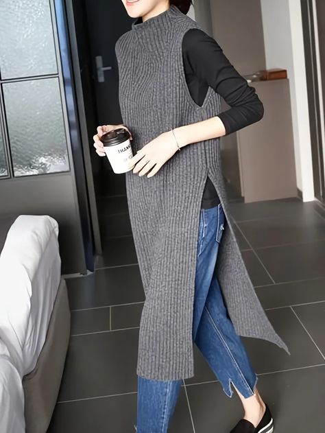 High Neckline Dress, Vest Outfit, Sleeveless Knit Dress, Sleeveless Sweater Dress, Winter Knit Sweater, Long Knitted Dress, Women Sweaters Winter, Korean Fashion Women, Solid Color Dress