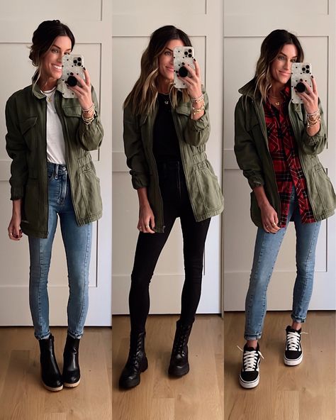 Army Green Jacket Outfit, Cargo Jacket Outfit, Anorak Jacket Outfit, Olive Green Jacket Outfits, Army Jacket Women, Utility Jacket Outfit, Green Jacket Outfit, The Sister Studio, Black Utility Jacket