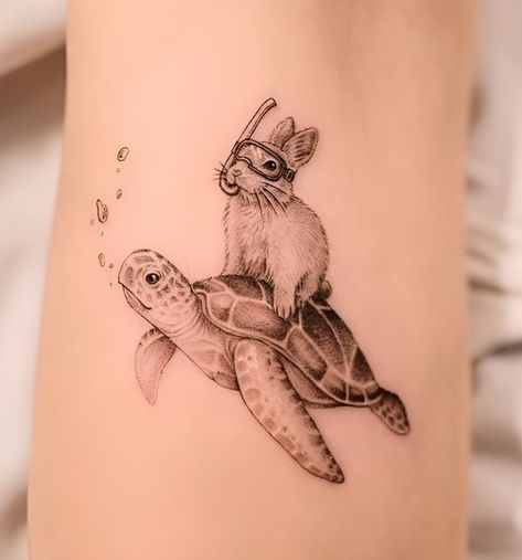 30 Amazing Animal Tattoo Ideas No One Can Resist Turtle Rabbit Tattoo, Animal Hybrid Tattoo, Turtle And Hare Tattoo, Tasmania Tattoo Ideas, Turtle Sleeve Tattoos For Women, Turtle And Rabbit Tattoo, Cool Rabbit Tattoo, Black And White Turtle Tattoo, Space Turtle Tattoo