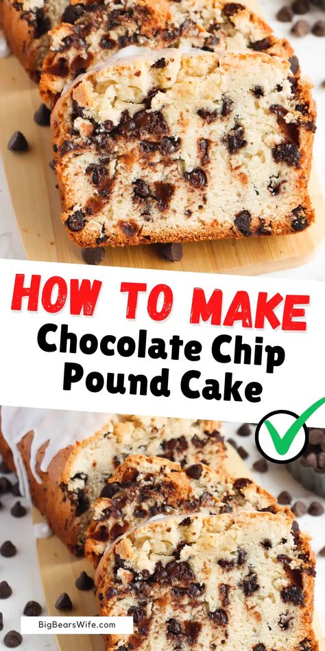 Indulge in the warm and comforting flavors of a homemade chocolate chip pound cake. This classic treat is a go-to dessert for any occasion and it is so easy to make.  via @bigbearswife Sour Cream Chocolate Chip Pound Cake, Chocolate Chip Pound Cake Recipe, Chocolate Chip Pound Cake With Pudding, Choc Chip Pound Cake, Chocolate Chip Pound Cake Bundt, Chocolate Chip Cake Recipe, Best Pound Cake Recipe, Chocolate Chip Pound Cake, Homemade Pound Cake