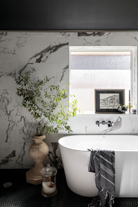 Preakness Project - Bathroom - Oklahoma City - by Micah & Co. | Houzz White Tile With Black Veins, Black And White Marble Bathroom, All Black Bathroom, Marble Accent Wall, White Marble Bathroom, Black Marble Bathroom, Black Marble Tile, Carrara Marble Bathroom, Marble Bathrooms