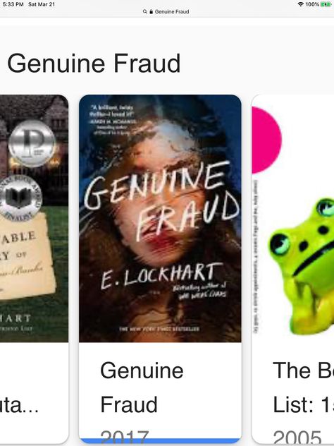 Genuine Fraud By E. Lockhart YA novel Genuine Fraud, E Lockhart, Ya Novels, Incoming Call, Incoming Call Screenshot, Books, Movie Posters, Film Posters