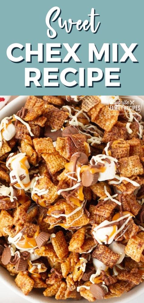 This Sweet Chex Mix Recipe is the perfect party snack! Loaded with chocolate, peanut butter, caramel, and marshmallows, it’s sinfully delicious and so easy to make. The beauty of any cereal mixture treat is how versatile they are. You can literally toss in anything and mix together and it becomes a tasty snack nobody can resist! Peanut Butter Chex Mix Recipes, Chex Cereal Recipes, Sweet Chex Mix Recipe, Peanut Butter Chex Mix, Chocolate Chex Mix Recipes, Caramel Chex, Chex Mix Recipes Sweet, Sweet Chex Mix, Sweet Chex