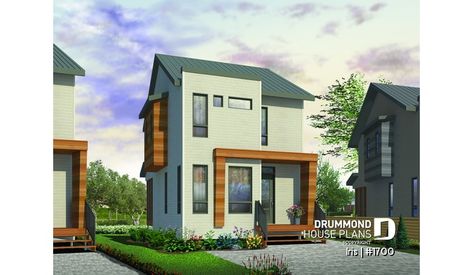 front - BASE MODEL of house plan 1700 Large Great Room, Contemporary Style House, Drummond House Plans, Narrow Lot House, Narrow Lot House Plans, Small Tiny House, Tiny House Plan, House Plans 3 Bedroom, Narrow House