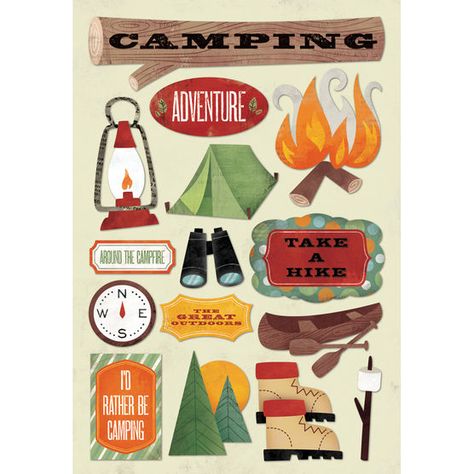 Rathr Camp-outdoor Cs Stickers Canoe Camping, Camping Theme, Camping Outdoors, Scrapbook Page Layouts, Scrapbooking Embellishments, Scrapbook Embellishments, Arts And Crafts Supplies, Scrapbook Stickers, Scrapbook Crafts