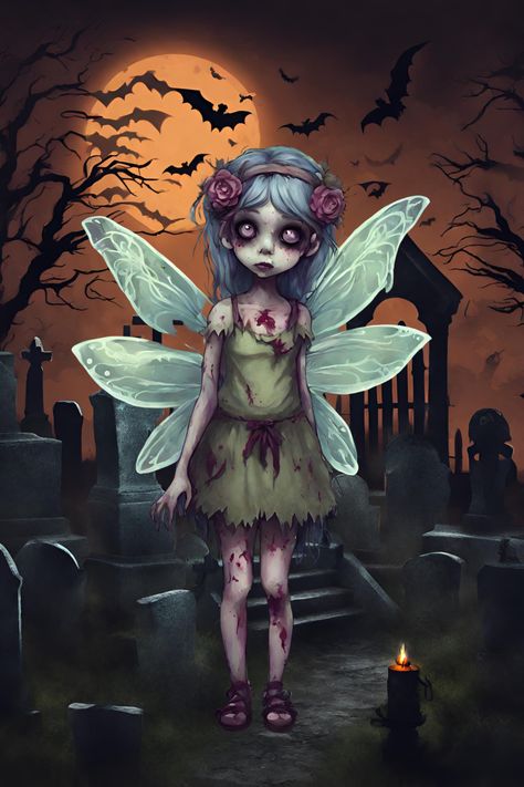 Halloween fairy zombie in a spooky graveyard at night. Fairy Pfp, Cartoon Zombie, Fairy Adventure, Anime Zombie, Halloween Banners, Witch Skeleton, Graveyard Halloween, Zombie Cartoon, Spooky Graveyard