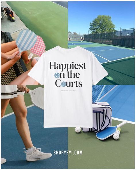 Court essentials:  ✅ a pickleball buddy ✅ a good paddle ✅ a pickleball YeYi tee  See you on the court? #athleisurestyle #athleisurewear #pickleballislife #pickleballapparel #usapickleball Pickleball Graphics, Apparel Design Inspiration, Soccer Tees, Page Layout Design, Sporty Aesthetic, Social Templates, Pickleball Shirt, Sports Graphic Design, Tennis Clubs