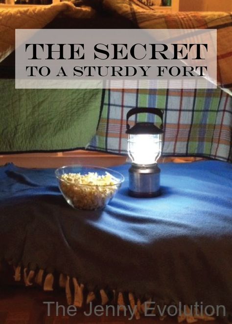 The Secret to a Sturdy Blanket Fort- Perfect for Kids - Won't fall down! | The Jenny Evolution Diy Blanket Fort, Indoor Forts, Diy Fort, Cool Forts, Blanket Forts, Easy Blanket, Kids Forts, Blanket Fort, Pillow Fort