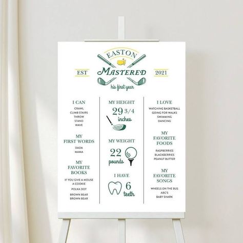 Milestone First Birthday Board, Master Birthday Party, First Birthday Masters Theme, Masters Baby Birthday, Golfing First Birthday, Masters 1st Birthday, 1st Birthday Party Golf Theme, Masters Golf Birthday Party, One Year Golf Party