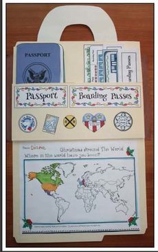 Geography & Travel Activities: Cute interactive file folder suitcase or briefcase. Holds students' work. December Writing Prompts, Travel Theme Classroom, December Writing, Gingerbread Activities, Around The World Theme, Suitcase Stickers, Geography Activities, Christmas Around The World, Homeschool Geography