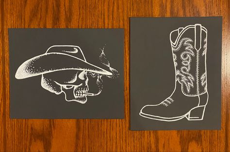 Canvas painting | country design | country painting | western | cowboy hat | cowboy | rustic | cowboy boot | cowgirl | room decor | black and white | paint pin design Cowboy Paintings Easy, Western Paintings Canvases, Western Painting Canvas, Cowgirl Room Decor, Room Decor Black And White, Room Decor Black, Cowgirl Room, Western Rooms, Cowboy Chic