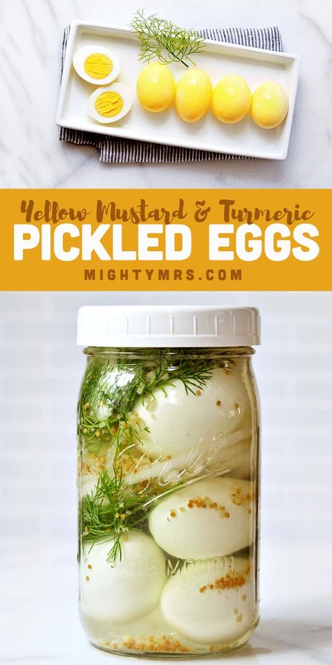 Mustard and Turmeric Yellow Pickled Eggs - This simple and delicious recipe is a great way to use up hard boiled Easter eggs! Inspired by Dutch PA Amish pickled eggs, these are easy to make homemade, no canning skills required. Everything marinates in the refridgerator. You'll need dill, mustard seed, turmeric, onion, garlic, sugar, pickling salt, white vinegar and eggs of course. Use a wide mouth mason jar for storage. Easy and yummy as a salad topping, healthy snack, or breakfast on the go. Mustard Pickled Eggs Recipe, Pickled Sweet Peppers, Picked Eggs, Pickled Eggs Recipe, Turmeric Yellow, Honey Mustard Vinaigrette, Mustard Pickles, Pickled Eggs, Best Gluten Free Recipes