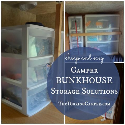 Camper organization: A simple and inexpensive way to organize clothes and keep the camper bunkhouse tidy. #thetouringcamper Kids Clothes Storage In Travel Trailer, Clothes Storage For Camper, Clothes Storage In Camper, Rv Top Bunk Storage Ideas, Rv Bunkhouse Storage Ideas, Camper Clothing Storage, Tent Organization, Bunkhouse Camper, Camping Desert