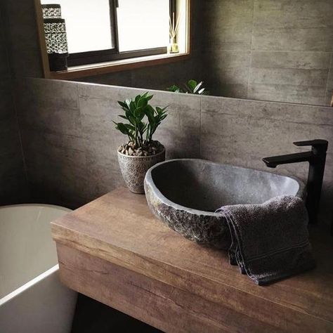 Bathroom With Stone Sink, Natural Stone Vessel Sink, Stone Bathroom Sink Ideas, Stone Basin Sink, Stone Toilet Design, Stone Bathroom Basin, Stone Wood Bathroom, Stone Bowl Sink, Natural Stone Sink Bathroom