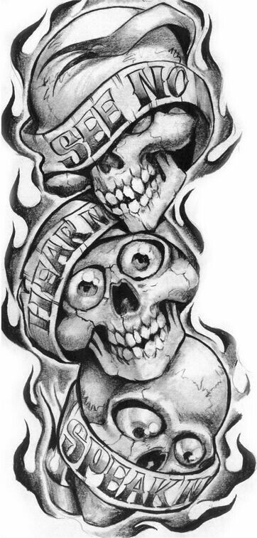 See Hear Speak No Evil, Skull Tattoo Designs, Evil Skull Tattoo, Skull Art Tattoo, Skull Sketch, Evil Tattoos, Gangsta Tattoos, Design Dragon, Tattoo Zeichnungen