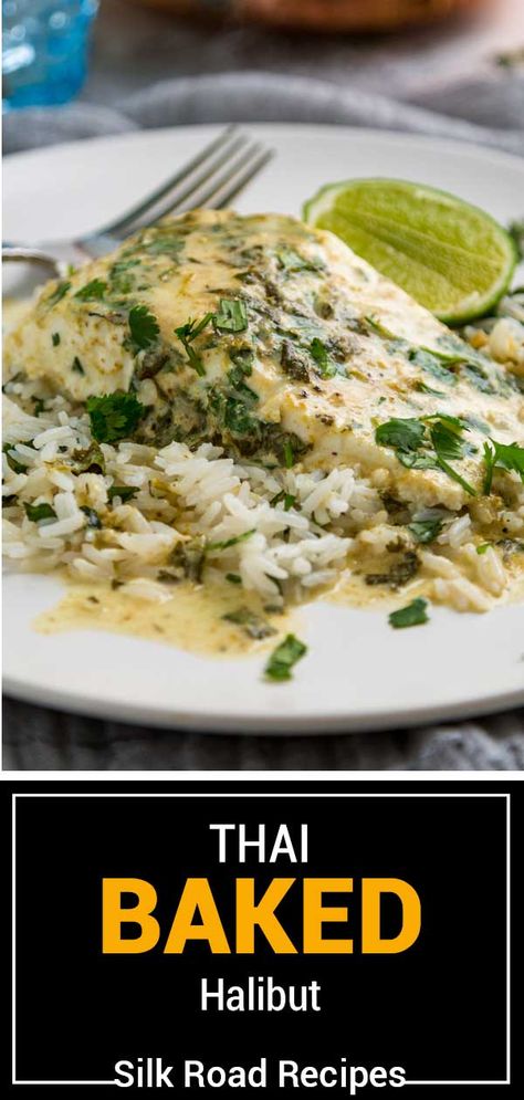 Curry Halibut, Fish In Coconut Milk, Halibut Recipes Healthy, Pesto Fish, Cooked Rice Recipes, Baked Halibut, Green Curry Sauce, Coconut Fish, Halibut Recipes