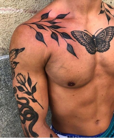 Mens Butterfly Tattoo, Collar Bone Tattoo For Men, Tattoo Homme, Front Shoulder Tattoos, Ma Tattoo, Backpiece Tattoo, Small Chest Tattoos, Torso Tattoos, Flame Tattoos