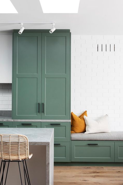 Sage green cabinets painted in Dulux 'Spiralina' and white-painted brick walls create a fresh yet welcoming feel in the kitchen. Green Kitchen Island, Recessed Shelves, Painted Brick Walls, Sage Green Kitchen, Modern Townhouse, Green Kitchen Cabinets, Green Cabinets, Kitchen Cabinet Colors, Interior Design Companies