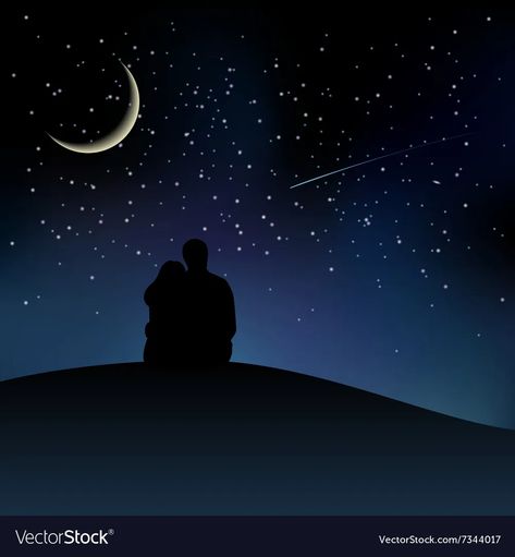 Black couple silhouettes sitting on the hill vector image Couples In Moonlight, Couple Sitting Silhouette, Couple Shilloute, Couple Silloute, Couple Sitting Together Drawing, Couple Watching Moon, Couple Silhouette Painting, Sky Vector, Moonlight Painting