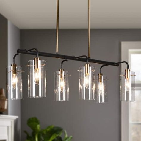 Alva Modern Farmhouse 6-Light Black Gold Glass Chandelier Linear Island Lights for Dining Room - 27" L x 13" W x 10" H - Bed Bath & Beyond - 35488718 Kitchen Island Light Fixtures, Dining Room Chandelier Modern, Linear Island Lighting, Traditional Dining Rooms, Kitchen Island Linear Pendant, Light Kitchen Island, Table Lights, Kitchen Light, Light Kitchen