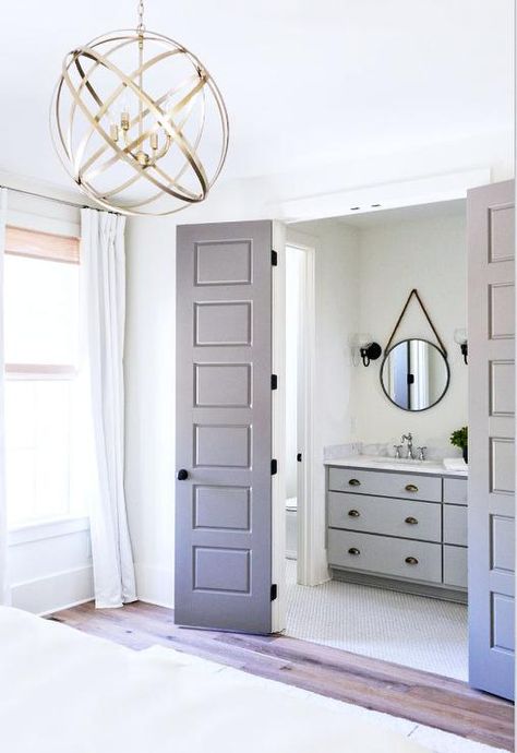 Gray Bi Fold Master Bathroom Doors - Transitional - Bathroom Double Closet Doors, Double Closet, Modern Closet, White Marble Countertops, Gray Bedroom, French Doors Interior, Bathroom Doors, Bedroom Doors, Master Closet