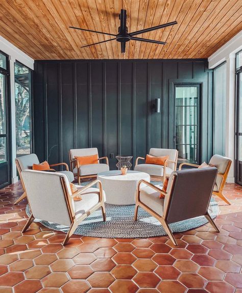 Terracotta Tile Floor, Lavender House, Terracotta Floors, Clay Imports, Natural Vibes, Saltillo Tile, Terracotta Floor, Midcentury Design, Up House