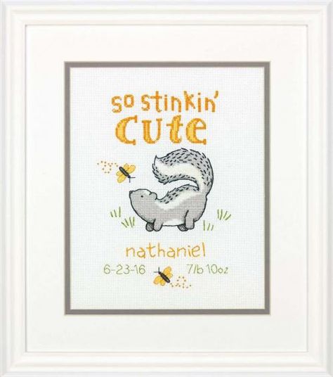 So Stinkin Cute Cross Stitch Kit | sewandso Record Cross Stitch, Birth Cross Stitch, Baby Cross Stitch, Birth Announcement Cross, Birth Records, Cross Stitch Thread, Framed Cross Stitch, Embroidery Stitches Tutorial, Baby Cross