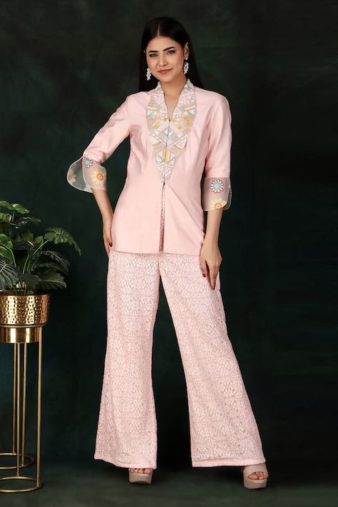 Pink jacket with sequins hand embroidered neckline. Comes with palazzo. - Aza Fashions Cord Set, Coord Set, Palazzo Set, Embroidered Neckline, Embroidery Suits, Designs For Dresses, Pink Jacket, Embroidered Jacket, Co Ord Set