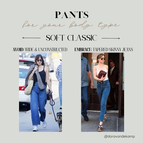 Dora | Image & Style | Color Analysis & Kibbe Body Types | Save this for choosing your best style for pants and jeans if your Body Typology is SOFT CLASSIC ♥️ #dakotajohnson #softclassic… | Instagram Jeans For Soft Classic, Dakota Johnson Kibbe Type, Soft Classic Jeans Kibbe, Classic Kibbe Style Outfits, Soft Classic Outfit Ideas Kibbe, Soft Classic Pants, Soft Classic Jeans, Soft Classic Celebrities, Kibbe Soft Classic Outfits