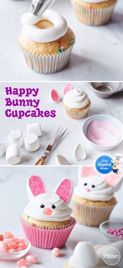 With marshmallows, jellybeans and pink decorator sugar, you can turn plain white cupcakes into Happy Bunny Cupcakes! See how easy it is to make these super cute Easter treats! Cute Easter Treats, Desserts Cupcakes, Desserts Ideas, Bunny Cupcakes, Easter Sweets, Happy Bunny, Easter Desserts, White Cupcakes, Easter Baking