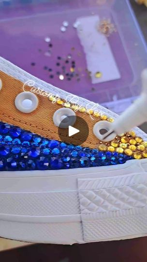 4 comments | Watch me bling out these Converses. #rhinestones #rhinestoneshoes #custommade #customized #angelusdirect #angeluspaint #handpainted #handcrafted #BlueAndGold #converse #customconverse #Customization #birthdayshoes #blingbling #bling #ShowingOut #timelapse #mypassion #art #rhinestoneart | Lex TheArtist | DJB · BOP (Instrumental) Rhinestone Converse, Art Shoes, Custom Converse, Rhinestone Shoes, Rhinestone Art, Shoe Art, Converse, Projects To Try, Hand Painted