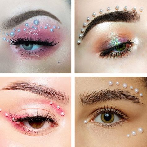 Adhesive Pearl Makeup, Makeup With Stickers Aesthetic, Face Decoration Jewels, Face Jewel Ideas, Easy Gem Makeup, Pearl Sticker Makeup, Pearl Stickers In Hair, Face Jewels Makeup Simple, Pearl Face Gems