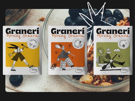 Granola Brand Packaging Illustrations by tubik.arts on Dribbble Granola Branding, Fruit Juice Brands, Granola Brands, Interesting Packaging, Ux Design Process, Web Design Examples, Identity Design Inspiration, Juice Branding, Logo Design Process