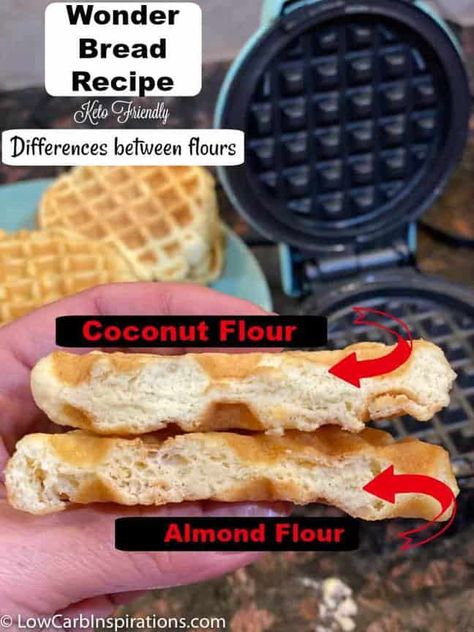 Keto Wonder Bread Chaffle Recipe difference between flours Wonder Bread Recipe, Wonder Bread Chaffle, Recipes Using Coconut Flour, Keto Flour, Wonder Bread, Chaffle Recipe, Best Keto Bread, Waffle Maker Recipes, Almond Flour Recipes