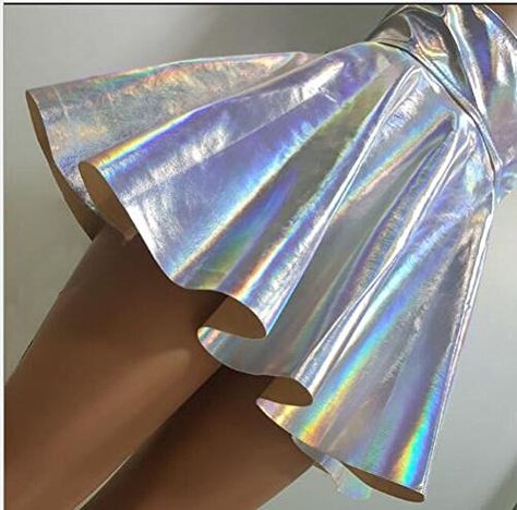 Hologram Dress, Holographic Top, Vinyl Skirt, Skater Skirt Dress, Cosplay Store, Flared Skater Skirt, Vinyl Skirting, Silver Skirt, Silver Holographic