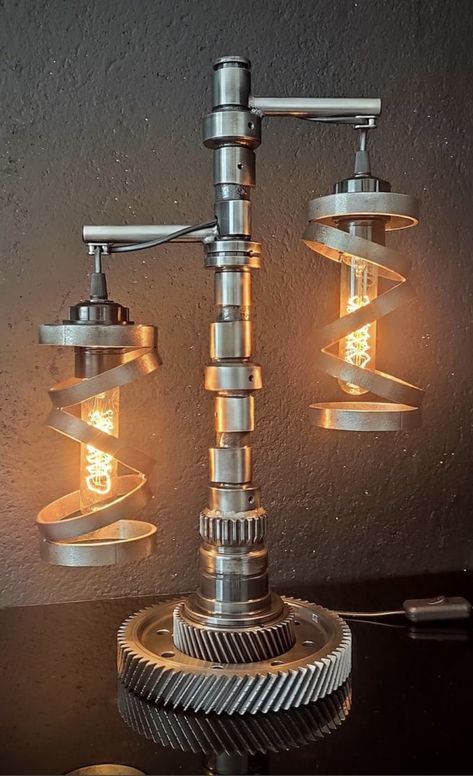 Automotive Decor Interior Design, Automotive Decor Diy, Industrial Lamp Design, Mobil Off Road, Car Parts Decor, Lampe Metal, Recycled Metal Art, Automotive Furniture, Car Part Furniture