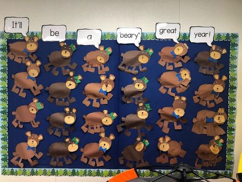 Kelli - TK Teacher on Instagram: "Last week I braved doing an art project with my first graders during the first week of school.. I am not sure I would do that again, but these bears from The Glyph Girls on TPT turned out to be ADORABLE!!!! They fit so well in my camping themed room.. I am wondering how I can justify leaving them up all year.. What do you do to decorate a bulletin board at the beginning of the year? #backtoschool #beginningoftheyear #glyphs #glpyhgirls #bears #bulletinboard Bear Classroom Theme, Camping Themed Room, Bear Bulletin Board Ideas, Camping Bulletin Boards, Tk Teacher, Eric Carle Classroom, Classroom Camping, Emergent Curriculum, Camping Theme Classroom