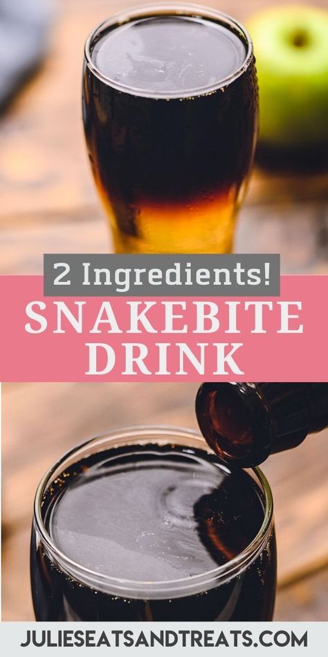 A beer cocktail made of equal parts of lager, like Guinness, and cider make this Snakebite Drink a two ingredient drink that's easy to make at home! It originates from the United Kingdom. Grab a pint glass and make this easy beertail today! #snakebite #cocktail Snakebite Cocktail, Snakebite Drink, Snake Bite Drink, Trash Can Drink, Guinness Cocktail, Spring Dinner Party, Hard Drinks, Meals Kids Love, Chilled Beer