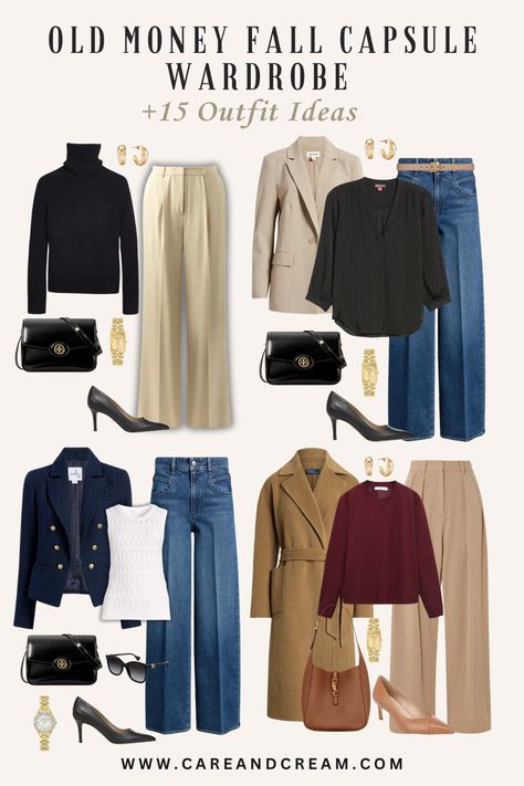 Elevate your fall style with our old money fall capsule wardrobe blog post. It offers 15 chic outfit ideas that encapsulate the old money fall fashion aesthetic. Discover fall wardrobe essentials that blend timeless elegance with the latest fall style. Go from casual to classy using our old money fall wardrobe guide. Plus: old money fall outfits, autumn outfits. Minimal Old Money Outfit, Fall Old Money Outfits 2024, Old Money Fall Capsule, Old Money Outfits Petite, Luxury Outfits Aesthetic, Old Money Wardrobe, Old Money Fall, Dress Old Money, 15 Outfits