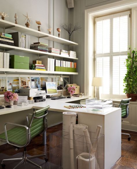 home office-like how there is a separation that makes for extra space and separates the two spaces. Office For Two, Ikea Office, Shared Office, Craft Room Design, Modern Office Design, Office Crafts, Office Workspace, Craft Room Office, Gaming Desk