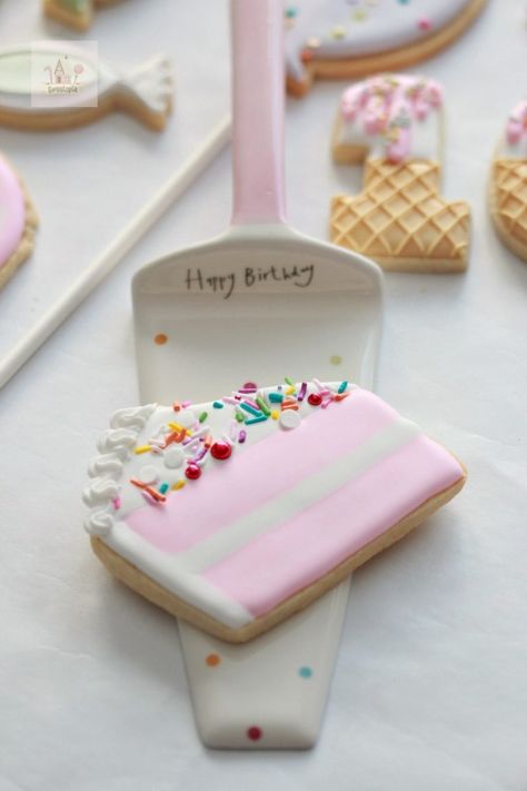 Cake Slice Decorated Cookie Cake Slice Cookies Decorated, Birthday Cake Cookies Decorated, Cake Cookies Decorated, Funfetti Party, Birthday Decorated Cookies, Birthday Cookies Decorated, Cut Sugar, Cookies Decoration, Confetti Cookies