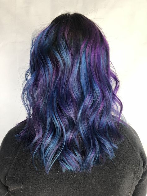 Purple And Blue Oil Slick Hair, Brown Purple Blue Hair, Deep Blue And Purple Hair, Grey Purple Blue Hair, Dark Brown Hair With Blue And Purple Highlights, Blue And Purple Hair Medium Length, Blue Balayage On Brown Hair, Fantasy Color Highlights, Blue And Purple Streaks In Hair