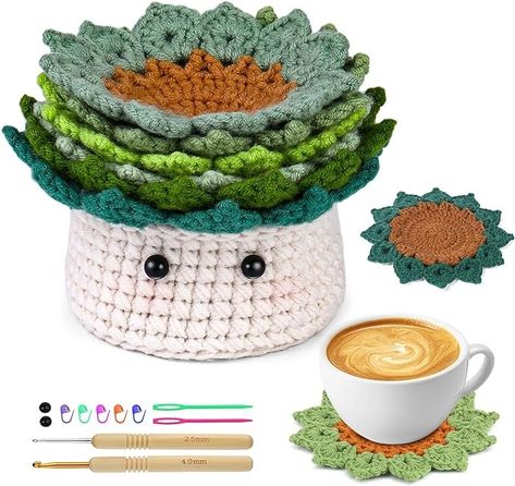 Amazon.com: FTEVEN Crochet Kit for Beginners, 6Pcs Coasters Crochet Starter Kit Plant Pot, Knitting Supplies Kit with Step-by-Step Video Tutorials, Crochet Yarn for Adults DIY Gift Coasters Crochet, Diy Presents, Knitting Supplies, Knitting Kits, Crochet Kit, Metal Accessories, Crochet Coasters, Crochet Patterns For Beginners, Succulent Pots