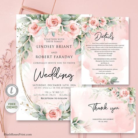 "Greenery and  Blush Wedding Invitation Template, Watercolor Pink Roses Wedding, Green Eucalyptus Wedding Suite, DOWNLOAD Gold Oval #069,  IMPORTANT ----------------- This is an instant download digital file that you can edit and print at home. Nothing will be shipped. DIGITAL FILES ------------------- All templates are prepared by Pro Designers. Templates are tested and work perfectly (if you follow the instructions). TRY DEMO BEFORE PURCHASE ---------------------------------- Would you like to Green And Blush Wedding Invitations, Sage Green And Blush Invitation, Sage Green And Pink Wedding Invitations, Wedding Invitations Blush And Sage, Pink And Green Wedding Invites, Sage Green And Blush Pink Wedding Invitation, Green Eucalyptus Wedding, Blush Wedding Invitation, Pink Green Wedding