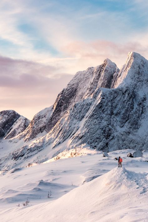 Beautiful winter scenery in Norway. Snow-capped Norwegian mountain with a hiker looking on Mountain Pictures, Snowy Mountain, Image Nature, Mountain Photography, Winter Scenery, Snow Mountain, Snowy Mountains, Winter Pictures, Beautiful Places In The World