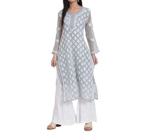 White Palazzo & Grey Chikankari Faux Georgette Straight Kurta and Matching Slip For Women,Beautiful Gray Color Lucknowi Kurtis For Women Grey Kurti Combination, Grey Chikankari Kurta, Grey Kurti, Kurti White, Chiffon Kurti, Kurta Pattern, Chikan Embroidery, Lucknowi Kurta, Kurti Pattern