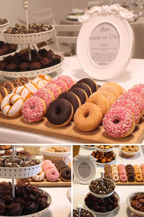 Bar traditionnel américain avec ses assortiments de donuts et muffinsmadeinusa donuts beignet muffin dessert sucrtraiteur traiteurprovence paca Donut Buffet, Donat Glaze, Muffin Dessert, Buffet Dessert, Donut Bar, Party Food Buffet, Party Food Platters, Dessert Tray, Food Displays