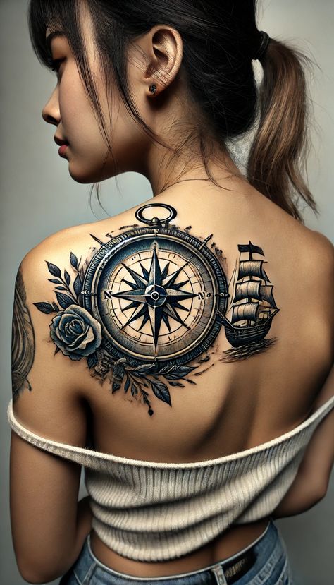 A girl's shoulder blade adorned with a detailed tattoo featuring a compass and a ship. The compass needle points towards the ship, surrounded by artistic floral and nautical elements, symbolizing personal guidance and journey in life Compass And Ship Tattoo, Compass Neck Tattoo, Compass Shoulder Tattoo, World Compass Tattoo, Ship Tattoo Design, Vintage Compass Tattoo, Compass Tattoo Feminine, Tattoo On The Shoulder, Feminine Compass Tattoo