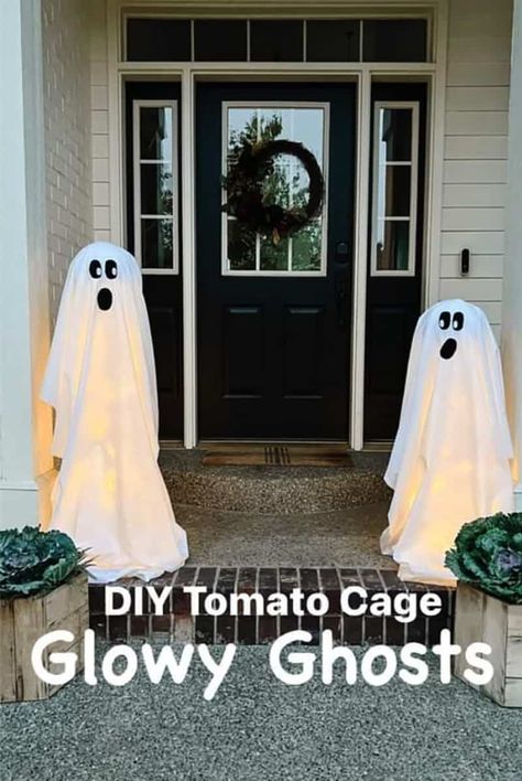 Halloween Decorations Using Tomato Cages, Halloween Craft With Tomato Cage, Halloween Ghost Made From Tomato Cage, Sheet Ghost Tomato Cage, Diy Halloween Light Up Ghost, Tomato Cage Light Up Ghost, Halloween Decor With Tomato Cages, Ghost Out Of Tomato Cage, Black And White Halloween Decor Outdoor