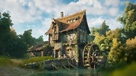 ArtStation - The old watermill Medieval Watermill, Fantasy House Concept, Fantasy Environment, Building References, Environment References, Gnome Village, Viking House, Fairy Tree Houses, 3d Scene